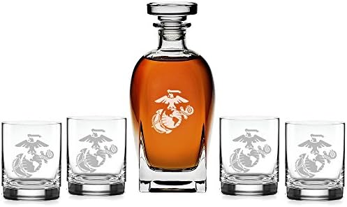 Abby Smith - US Marines Classic Engraved Decanter with Rocks Glasses, Set of 5