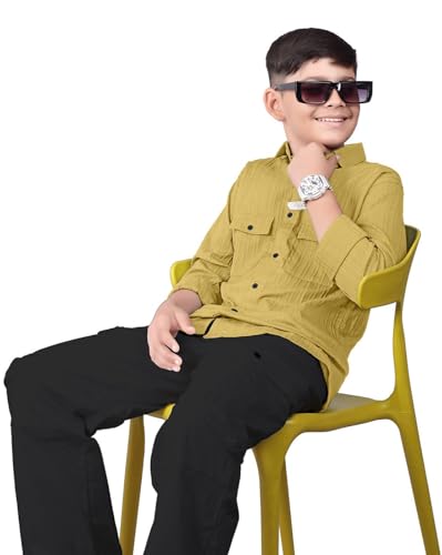 Image of ZilconKid Boy's Cotton Hawaiian Plain Double Pocket Shirt with Spread Collar Neck Full Sleeves Button Closure Curved Length | Shirt for Kids Boys
