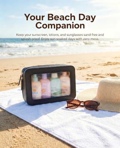 Image of LETGO Clear Beach Makeup Bags, TSA Approved Toiletry Bag with Zipper, Clear Makeup Organizer Fit Carry-on Travel Car Accessories Essentials,Portable Travel Small Pouch for Women Men (Black)