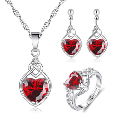 AOWVUTS Damen Herz Schmuckset 925 Sterling Silber Herz Halskette Ohrringe und Offener Ring Set 3 Stück Cubic Zirconia Schmuck Set Valentinstag Geburtstag Hochzeit Geschenk für Sie...