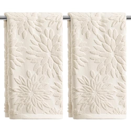 Artoid Mode 2 Pcs Beige 3D Dahlia Floral Jacquard Hand Towels for Bathroom 100% Cotton Soft Absorbent Bathroom Decor Towels 13.7 x 29.5 Inch