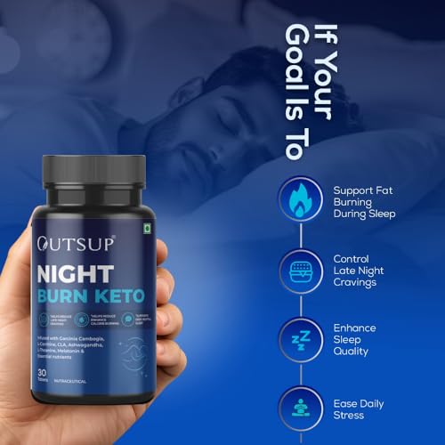 Image of Outsup Night Burn Keto | Fat Burner During Sleep | Reduce Stress & Improve Sleep with Garcinia Cambogia, L-Carnitine & Melatonin | Weight Loss Products for Women and Men | 30 Tablets (Pack of 1)