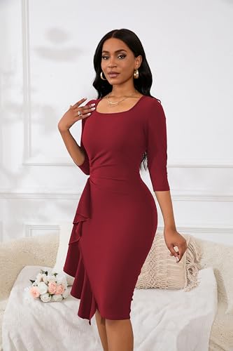 Image of Womens 1950s Vintage Bodycon Dress 3 /4 Sleeve Square Neck Cocktail Pencil Sheath Midi Dress Elegant