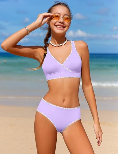 Image of KANGKANG Girls Swimsuit Bikini Set Solid Color V-Neck Two Piece Bathing Suit with Chest Pad Adjustable Straps Swimwear 7-16T
