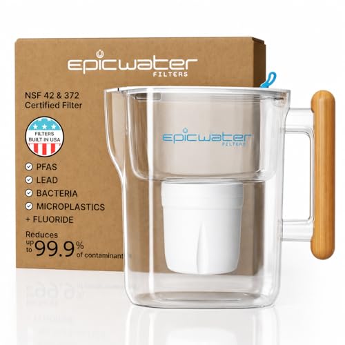 Epic Pure XP Water Filter Pitcher with Advanced CoreXchange™ Filter | NSF Certified | Removes PFAS, Lead, Chlorine & More | BPA-Free | Made in USA (White & Bamboo)