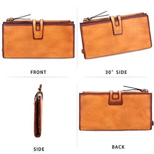 Genuine Leather Slim Wallets Vintage Handmade Bifold Long Wristlet Purse Money Clip Card Holder with Zipper (Brown)3
