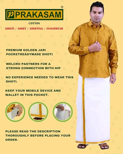 Image of PRAKASAM COTTON Mens White Premium Flexi Size Welcro pocket Dhoti (SS JARI-WHITE)