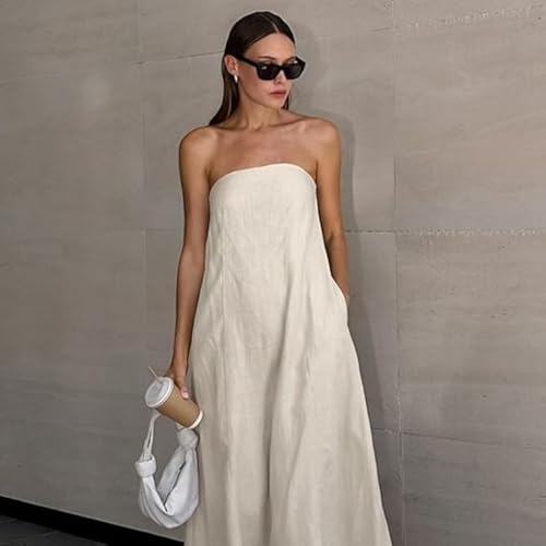 Aesthetic Dress Strapless Linen Maxi Dress Linen A-Line Strapless Dress for Vacation and Going Out Dress2