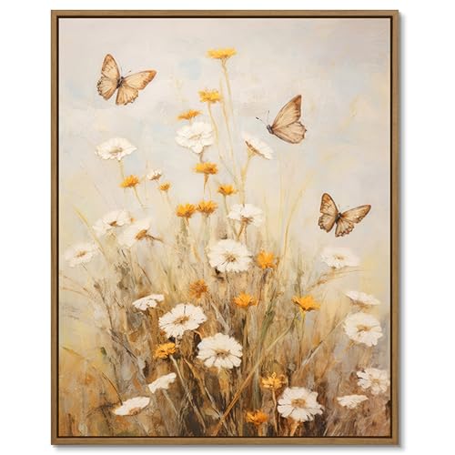 Gardenia Art Framed Butterfly Wildflower Wall Art Retro Countryside Daisy Wall Picture Rustic Botanical Floral Landscape Canvas Painting for Farmhouse Bedroom Living Room Aesthetic Room Decor 8x10inch