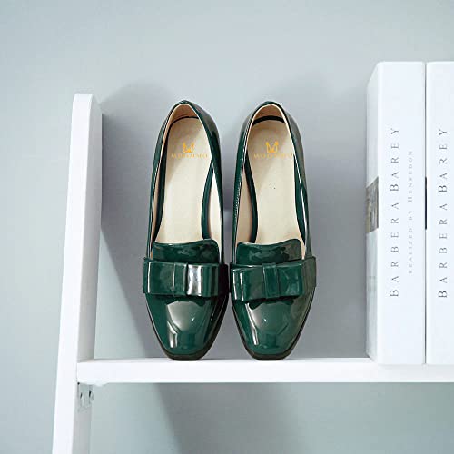 MOOMMO Women Chunky Heel Pumps Bowknot Patent Leather Loafers Round Closed Toe Sandals 3.5 Inch High Block Heel Slip On Summer Casual Office Dress Shoes Size 4-11 M US2