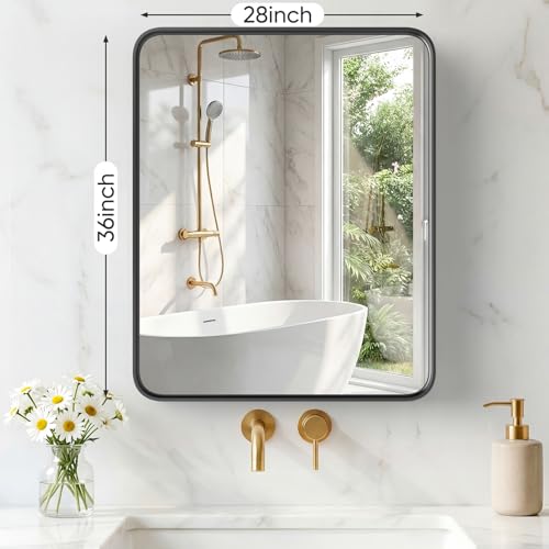 Image of Sweetcrispy Bathroom Mirror 36x28 Inch Metal Framed Rounded Rectangle Vanity Mirror for Wall, Over Sink, Farmhouse, Restroom, Anti-Rust, Modern Decorative, Horizontal or Vertical Hanging, Black