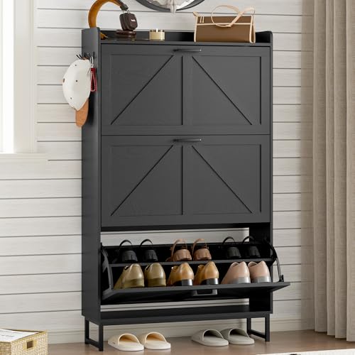 Image of BORNOON Shoe Cabinet with 3 Flip Drawers Narrow Shoe Storage Cabinet Organizer Wooden Freestanding Shoe Rack Hidden Slim Shoes Storage Cabinet for Entryway, Hallway, Living Room, Bedroom