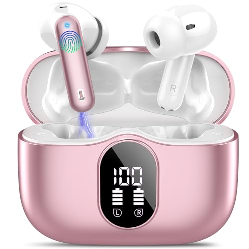Wireless Earbuds Bluetooth 5.3 Headphones Bass Stereo Ear Buds with Noise Cancelling Mic LED Display in Ear Earphones IP7 Waterproof 36H Playtime for Laptop Pad Phones Sports Workout Pink Gold