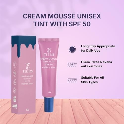 Image of TEE ESS Cream Mousse Unisex Face Tint SPF 50 | Enriched with Vitamin E & Hyaluronic Acid | Lightweight, Pore-Blurring, Non Greasy and Long-Lasting | Unisex Mousse Tint| Suitable for All Skin Types |30g (02 Medium)
