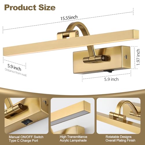 Image of Picture Lights for Wall Battery Operated 3 Colors Dimmable Lights for Pictures On Wall 15.56 Inch Brass Art Lighting for Paintings Wireless Gallery Light Poster Lights with Remote and Timer