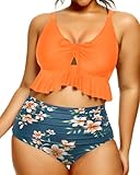 Daci Women Plus Size Two Piece Swimsuits High Waisted Bikini Set Ruffle Flounce Tummy Control Bathing Suits with Bottom Green XXL
