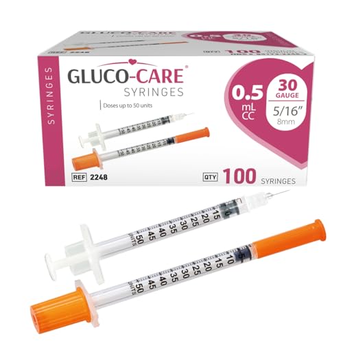 Image of GLUCO-CARE 0.5 ml /cc Syringes 30G x 5 /16'' (8mm), 100 /box | Fine Tip, Home & Lab Use, Clear Barrel, Bold Scale, Smooth Plunger Movement with back-end stopper, Leak-Proof Design