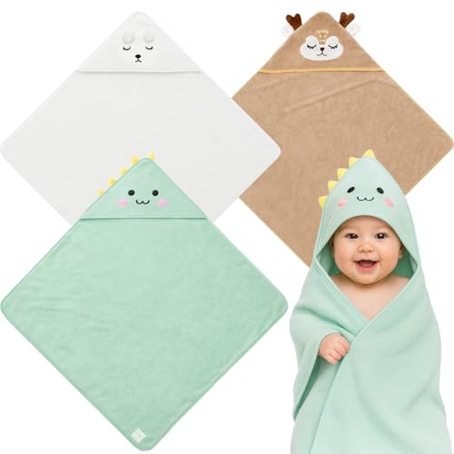 kaiyaya 3 Stück Baby Handtuch Kapuze 80 x 80cm Kapuzenhandtuch Baby Korallenvlies Babyhandtuch mit Kapuze Weich & Super Saugfähig Niedliches Babybadetuch für Kleinkinder Neugeborene