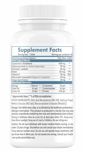 Image of HXN Liposomal Glutathione 1200mg with Hyaluronic Acid, Resveratrol, and Vitamin C Supplements, 98% L Glutathione, Skin Health Antioxidant, 60 Tablets