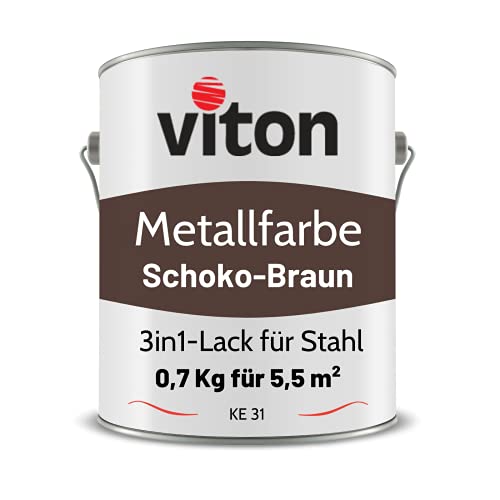 VITON Metallfarbe in Braun - 0,7 Kg Metall-Schutzlack Seidenmatt - Dauerhafter Schutz & hohe Beständigkeit - 3in1 Grundierung & Deckfarbe - Metalllack direkt auf Rost - KE31- RAL 8017 Schokoladenbraun