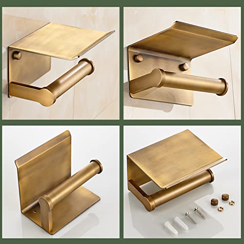 Ludodo Gold Toilet Paper Holder With Phone Shelf,Toilet Paper Roll Holder With Storage Shelf,Wall Mounted For Bathroom With Screws,Antique Brass #TOP2