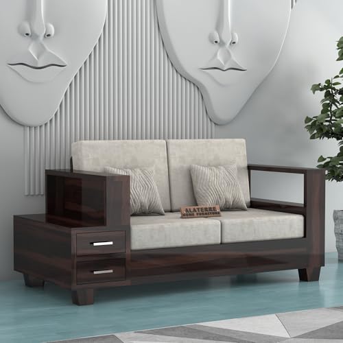 Image of Sheesham Wooden 2 Seater Sofa for Living Room | Solid Wood Sofa with Side Box Storage & Cushion | Rosewood Sofa Set for Home & Office | Lounge (Walnut, 2 Seater)