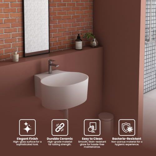 Image of Wall Hung Mounted Sink Glossy Wash Basin for Bathroom - White