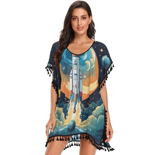 KAAVIYO Space Rocket Flying Planets Stars Women's Beach Cover Up Chiffon Tassel Swimwear Swimsuit Coverups for Girl