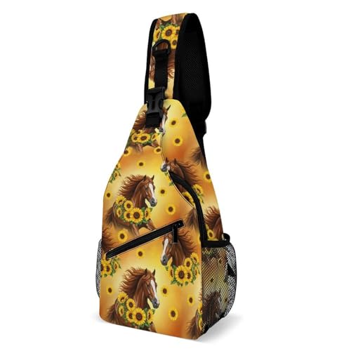 Men's Casual Sling Bag Backpack, Lightweight Crossbody Daypack for Travel Camping Hiking, Sunflower Horse Bags