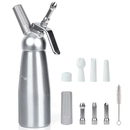 VIGIND Whipped Cream Dispenser 500ml Whipped Cream Charger With Sturdy Aluminum Body And Head,Leak Free,Cream Maker with 2 Sets Decorating Nozzles,Leak Resistant,N2O Chargers (Not Included)