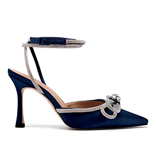 JANSEVEN Rhinestone Bow Heels Navy Blue Satin Bowknot Heeled Sandals For Women Ankle Strap Pumps Knotted Sparkling High Heels Closed Pointed Toe 3 In Wedding Bridal Shoes Size 10 by JANSEVEN - Used condition - Image 4
