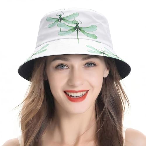 ZLYC Printed Bucket Hat for Women Men Packable Summer Hat,Dragonfly White