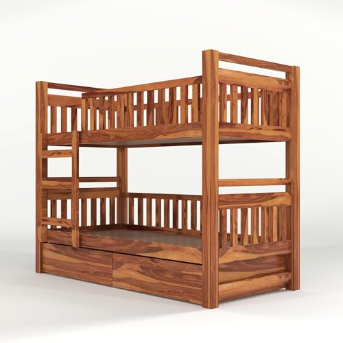 Image of Solid Sheesham Wood Bunk Bed Twin Over Bed with Ladder Wooden Bunk Bed with 2 Drawer Storage for Bedroom Living Room Home (Natural Finish)