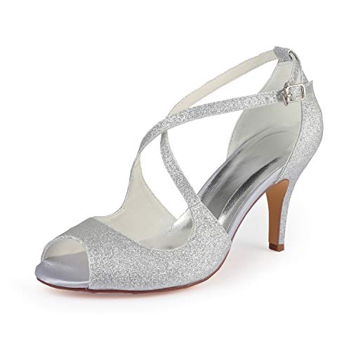 Emily Bridal Zapatos de Boda Zapatos de tacón Alto Zapatos de Novia con Correa en el Tobillo (EU38, Plata) Cover