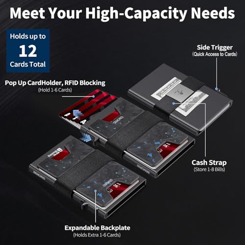 Image of SEMORID Minimalist Wallet for Men, Slim RFID Blocking Mens Wallet, Aluminum Pop Up Card Case, Thin Metal Credit Card Holder with Cash Strap -12 Cards Storage