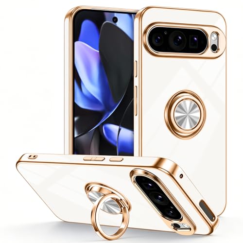 Coque Pixel 9 Pro XL élégante aux bords plaqués avec anneau métallique blanc