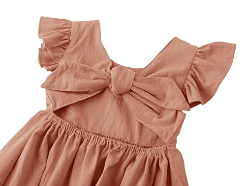 Toddler Baby Girl Cotton Linen Summer Dress Ruffle Sleeve Back Bowknot Kids Beach Dresses4