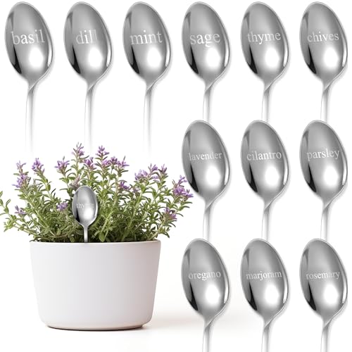 Bucherry 12 Pcs Metal Plant Label Signs, Spoon Shape Planted Herb Markers Garden Labels with Herb Names for Nursery Indoor Outdoor Garden Decoration, Stainless Steel, 12 Styles, 6.8' x 1.4'
