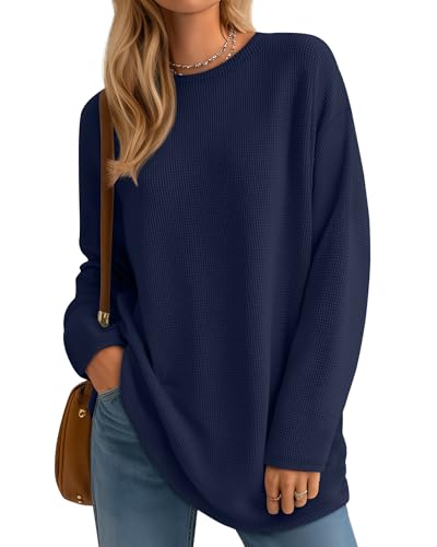 Womens Long Sleeve Shirts Oversized Waffle Knit Cotton Tunic Tops Casual Crewneck Long Shirts Wear with Leggings