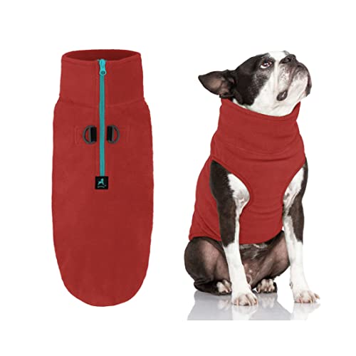Image of Gooby Half Zip-Up Fleece Vest Dog Sweater, Burgundy, Medium | Soft warm fleece; Half-zip, larger opening; Streamlined cutaway fit; Dual D-ring leash; Machine washable