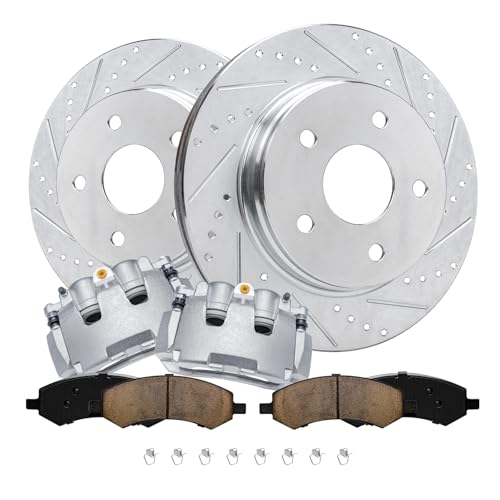 Image of Detroit Axle - Front Brake Kit for 09-10 Dodge Ram 1500 11-18 Ram 1500 | 2019-2023 Ram 1500 Classic Drilled and Slotted Disc Brakes Rotors Brake Calipers Replacement Ceramic Brake Pads