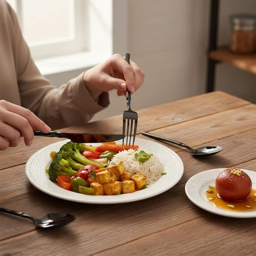 Image of 8 Pcs Black Slim Handle Stainless Steel Cutlery Set for Dining Table with Spoons and Forks Set + Butterknives - The Perfect Tableware /Flatware