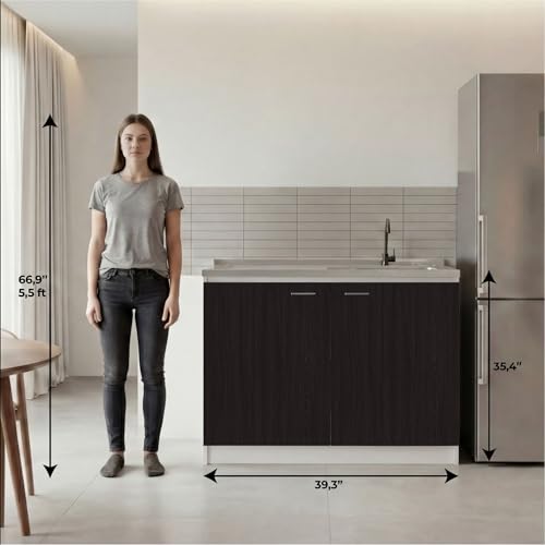 Image of Tuhome Napoles Utility Sink Cabinet for Kitchen Use with Integrated Stainless Steel Sink and Stainless Steel Countertop, Double Door Storage Cabinet with Interior Shelf for Kitchen, Laundry or Utility