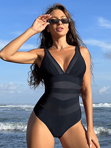 Soly Hux Women's Contrast One Piece Swimsuits V Neck Backless Bathing Suits Mesh Sheer Swimwear Monokini Pure Black M #TOP3