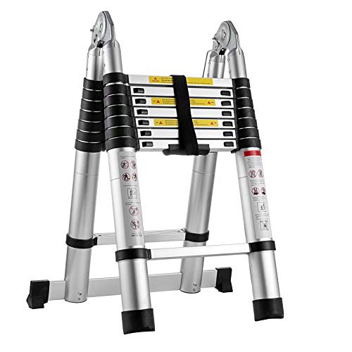 Hihone Telescoping Ladder 16.5feet, Quick Button Retraction Telescopic Extension Ladder Protective Design, 300LBS Capacity Anti-Slip Lightweight, Aluminum Collapsible Ladder with Spring Loaded Locking
