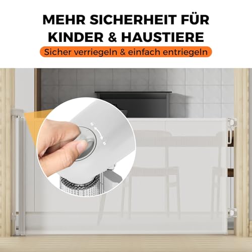 Allyson® Treppenschutzgitter Ausziehbar, Türschutzgitter bis 140 cm Treppengitter für Kinder & Haustiere, Kinderschutzgitter 85 cm Höhe, Haustierschutzgitter Einziehbar, Verstellbar & Stabil – Weiß