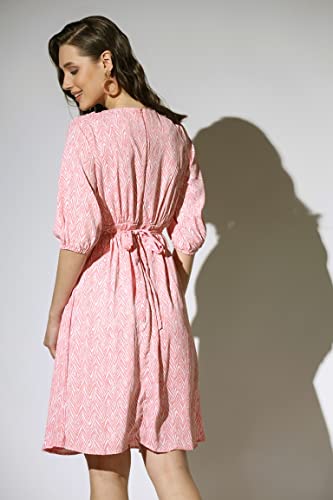 Image of Leriya Fashion Dresses for Women | Fancy Rayon Zig Zag Printed Faux Wrap Western Dress | Fit & Flare Knee Length Dresses for Girls | Loose Narrow Elastic Cuffs Sleeves