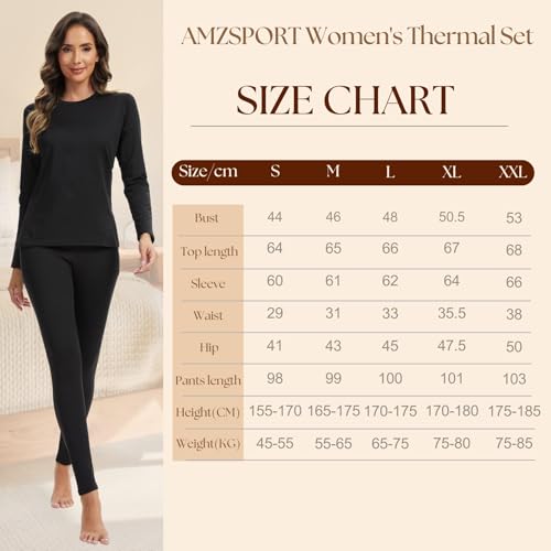 AMZSPORT Ropa Interior Térmica para Mujer - Conjunto de Invierno con Camiseta de Larga Manga y Pantalones, Funcional y Transpirable para Esquí Negro S