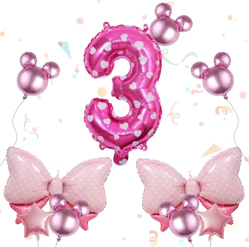 10 Pcs 3rd Birthday Mouse Balloons with Pink Huge Bow - Number Balloons Set, Aluminum Foil Balloons for Baby Shower and Party Decorations