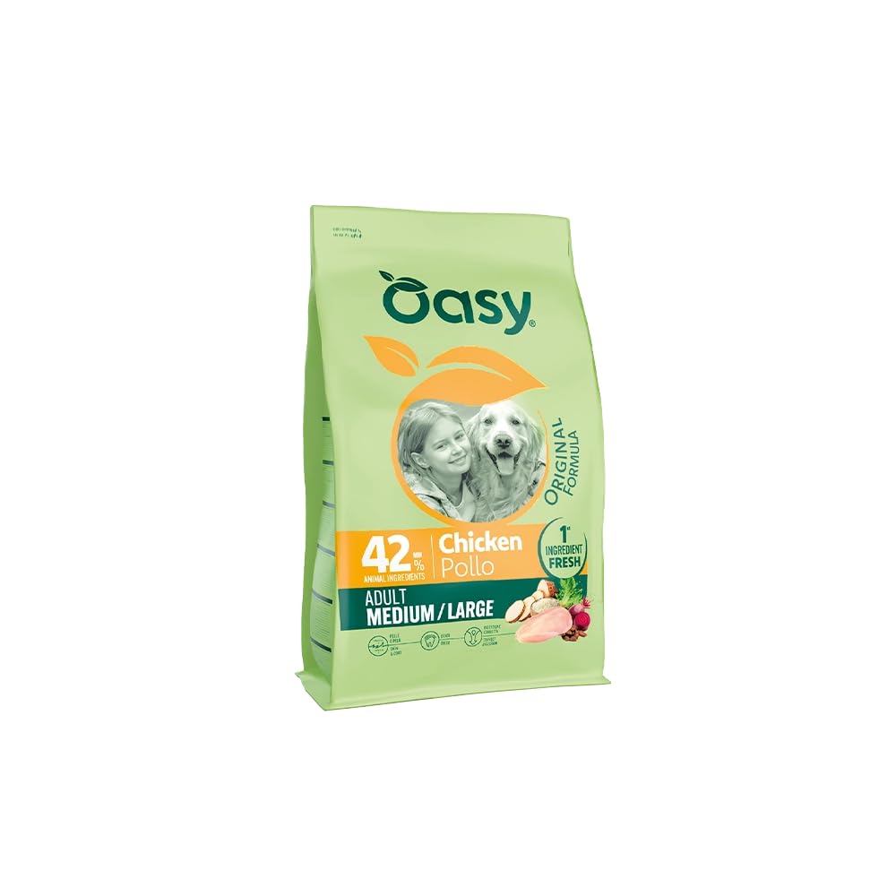 Oasy Cane Adult Medium/Large Pollo 12kg, alimento completo per cani adulti di taglia media e grande gusto Pollo, crocchette per cani,12kg.